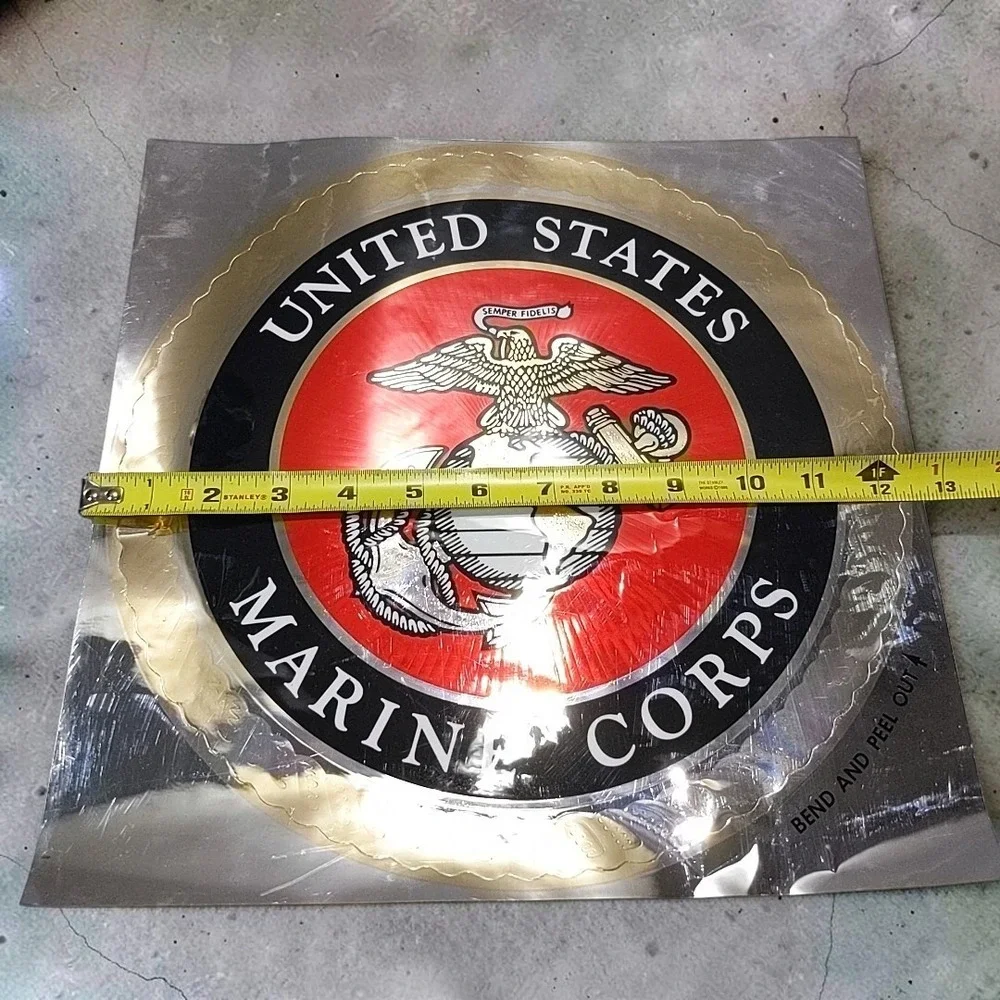 VTG USMC US Marine Corps Emblem Foil Sticker Decal 12 Inch Round Metallic 1980s
